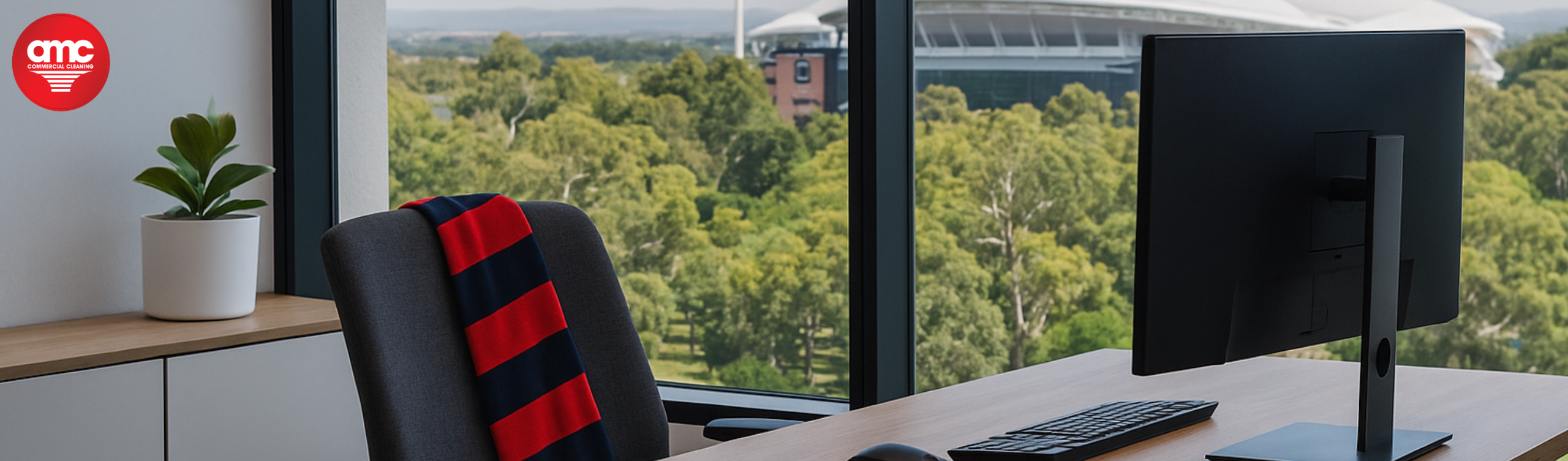 Expert commercial cleaning Adelaide of office with stadium view