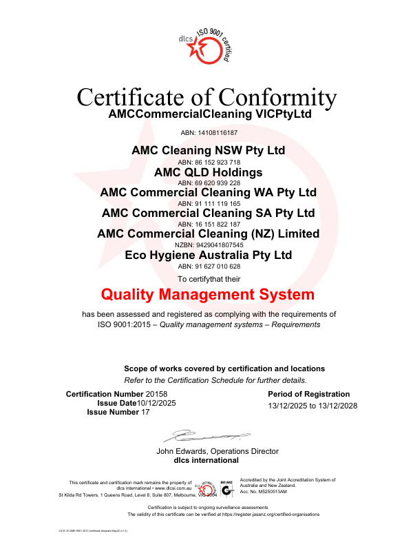 ISO 20158 QMS certification confirming quality management system compliance, December 2025
