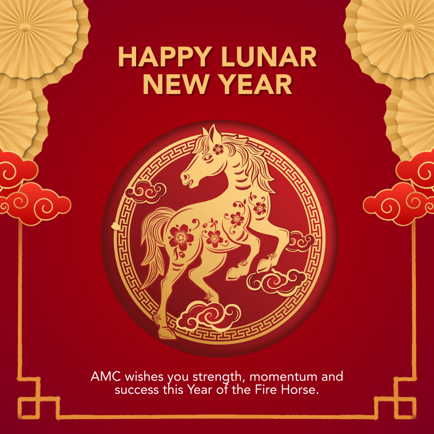 AMC Commercial Cleaning Lunar New Year 2026 graphic celebrating the Year of the Fire Horse