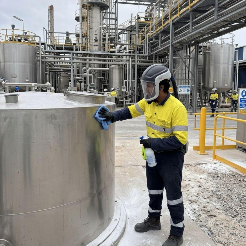 "Workers in protective gear, including Adflo respirators, operating safely in a challenging industrial environment, symbolising commitment to tailored safety protocols and a people-first approach."