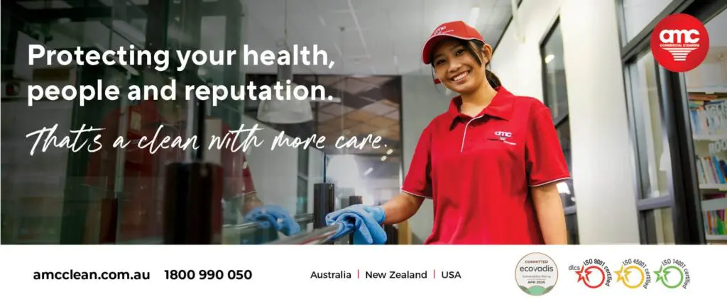 AMC Commercial Cleaning professional providing high-quality facility services. Text reads: Protecting your health, people and reputation. That’s a clean with more care. Features EcoVadis and triple ISO certification logos for Australia, New Zealand, and USA.