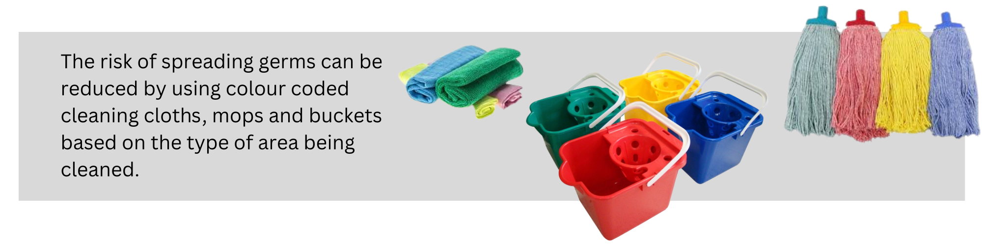 Colour-coded cleaning cloths, mop buckets and mop heads used to help reduce cross-contamination and support hygienic cleaning in commercial spaces.