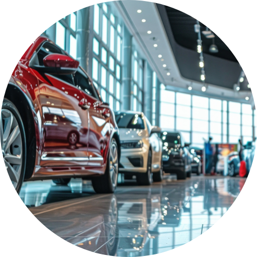 Polished dealership floor reflecting showroom lighting and vehicle displays.